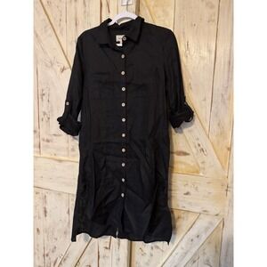 4our Dreamers Linen 100% Button Down Shirt Dress Black Roll Tab‎ Long Sleeves S